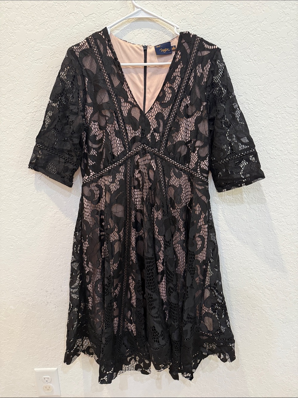 Taylor Black Lace Overlay Dress with Blush Lining - Midi